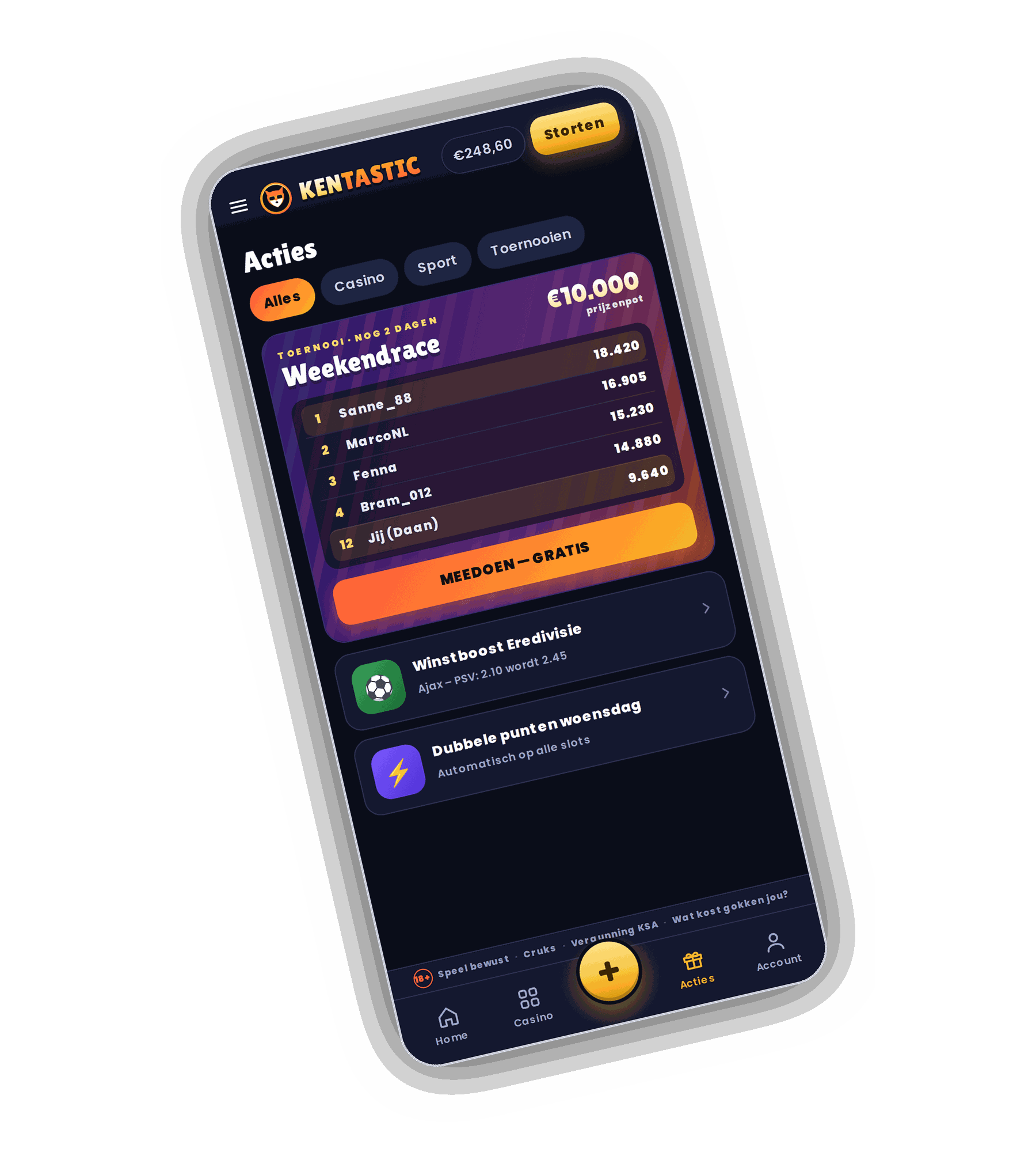 Kentastic scherm Acties op een telefoon met filters Alles, Casino, Sport en Toernooien, het toernooi Weekendrace met een prijzenpot van 10.000 euro en een ranglijst, een knop Meedoen gratis en de acties Winstboost Eredivisie en Dubbele punten woensdag