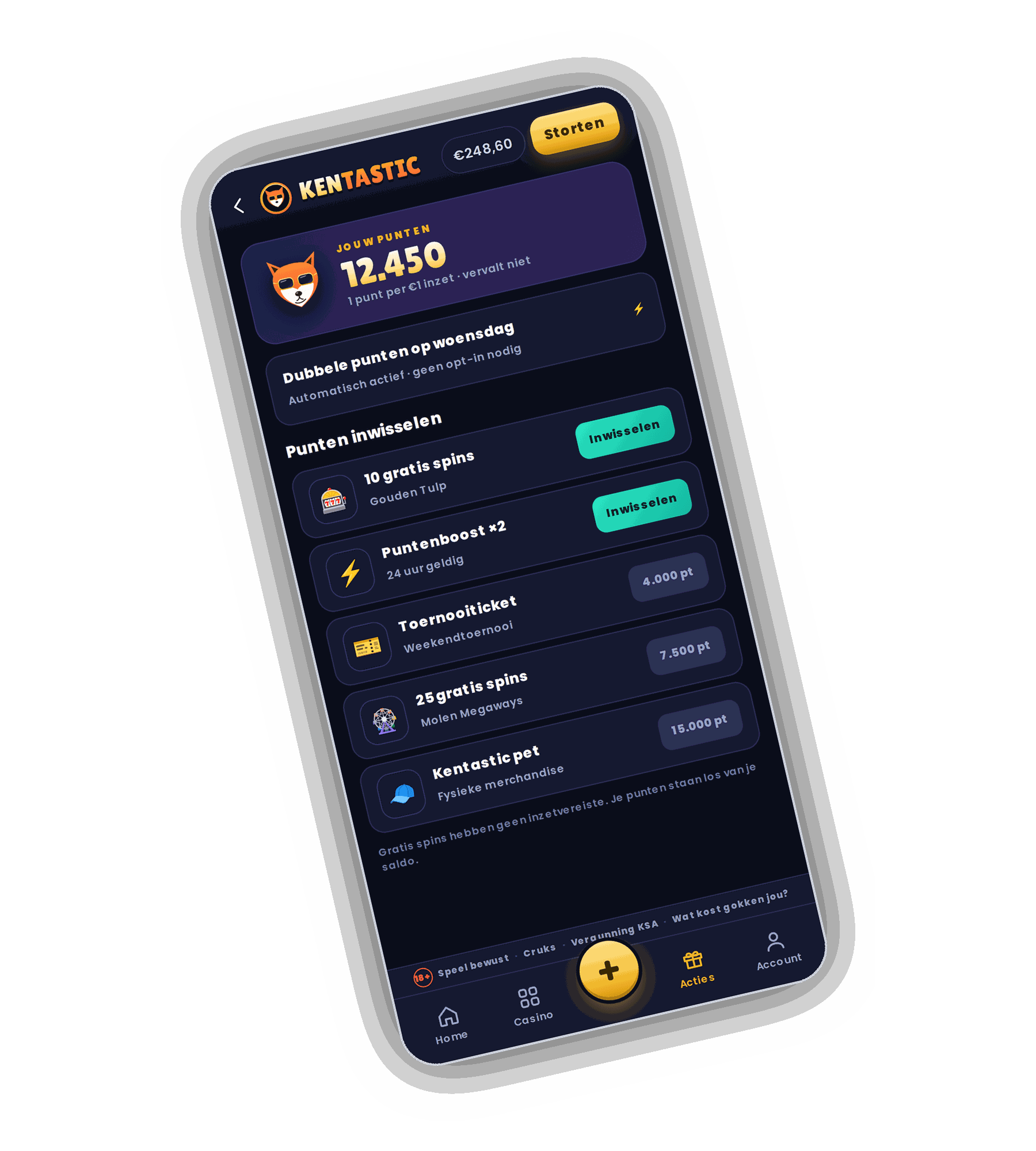 Kentastic puntenscherm op een telefoon met 12.450 punten, 1 punt per euro inzet die niet vervallen, Dubbele punten op woensdag en een lijst Punten inwisselen met 10 gratis spins, Puntenboost x2, Toernooiticket, 25 gratis spins en een Kentastic pet