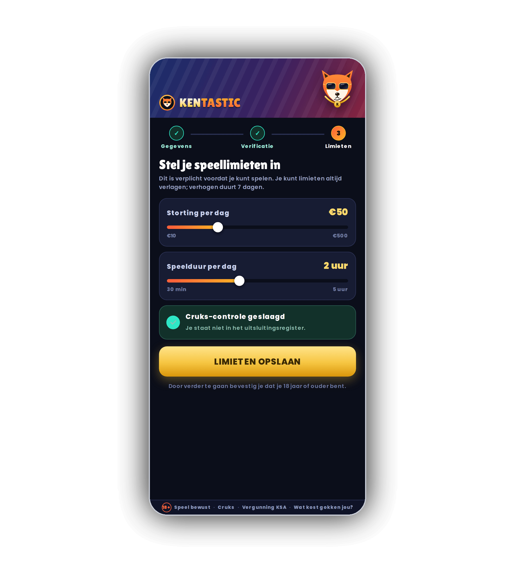 Kentastic registratiescherm op een telefoon met de stappen Gegevens, Verificatie en Limieten, schuifregelaars voor Storting per dag op 50 euro en Speelduur per dag op 2 uur, een groene melding Cruks-controle geslaagd en een gele knop Limieten opslaan