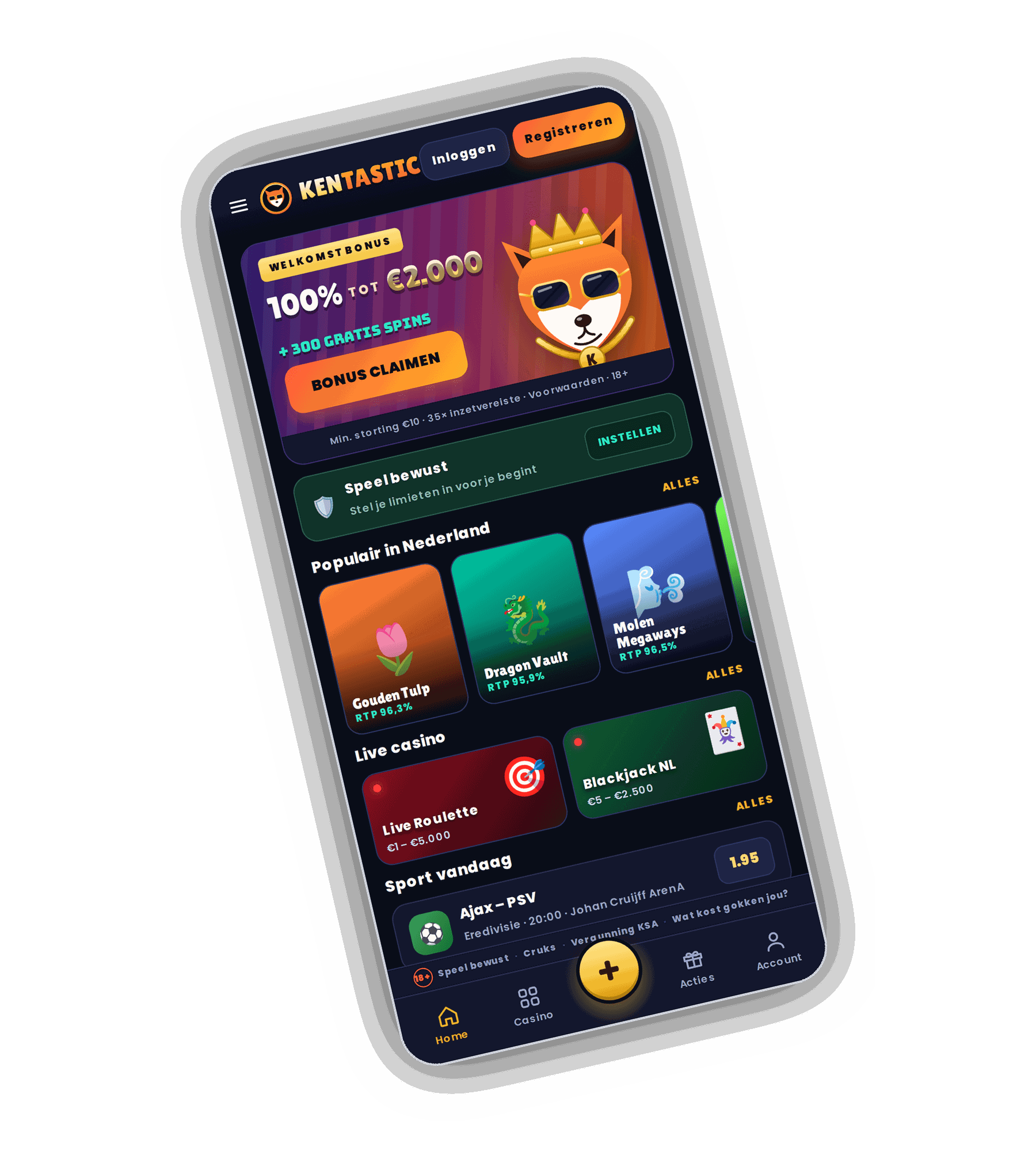 Startscherm van Kentastic op een telefoon met een welkomstbonus van 100% tot 2.000 euro plus 300 gratis spins, een knop Bonus claimen, een balk Speel bewust, de rij Populair in Nederland, Live casino met roulette en blackjack en Sport vandaag met Ajax tegen PSV