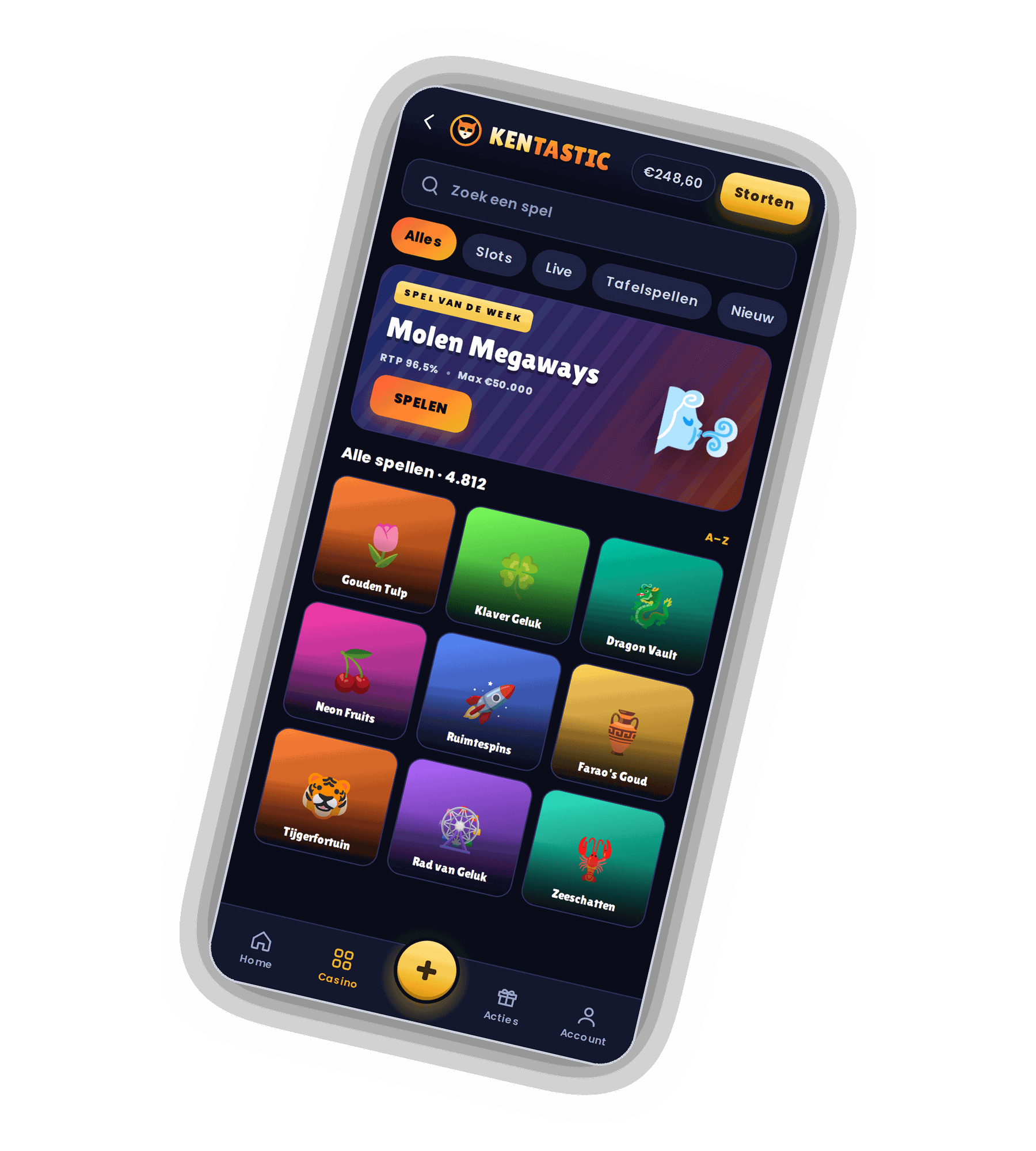 Kentastic Casino tabblad op een telefoon met een saldo van 248,60 euro, een zoekveld Zoek een spel, filters Alles, Slots, Live, Tafelspellen en Nieuw, een banner Spel van de week voor Molen Megaways met RTP 96,5% en maximaal 50.000 euro en een raster van negen speltegels