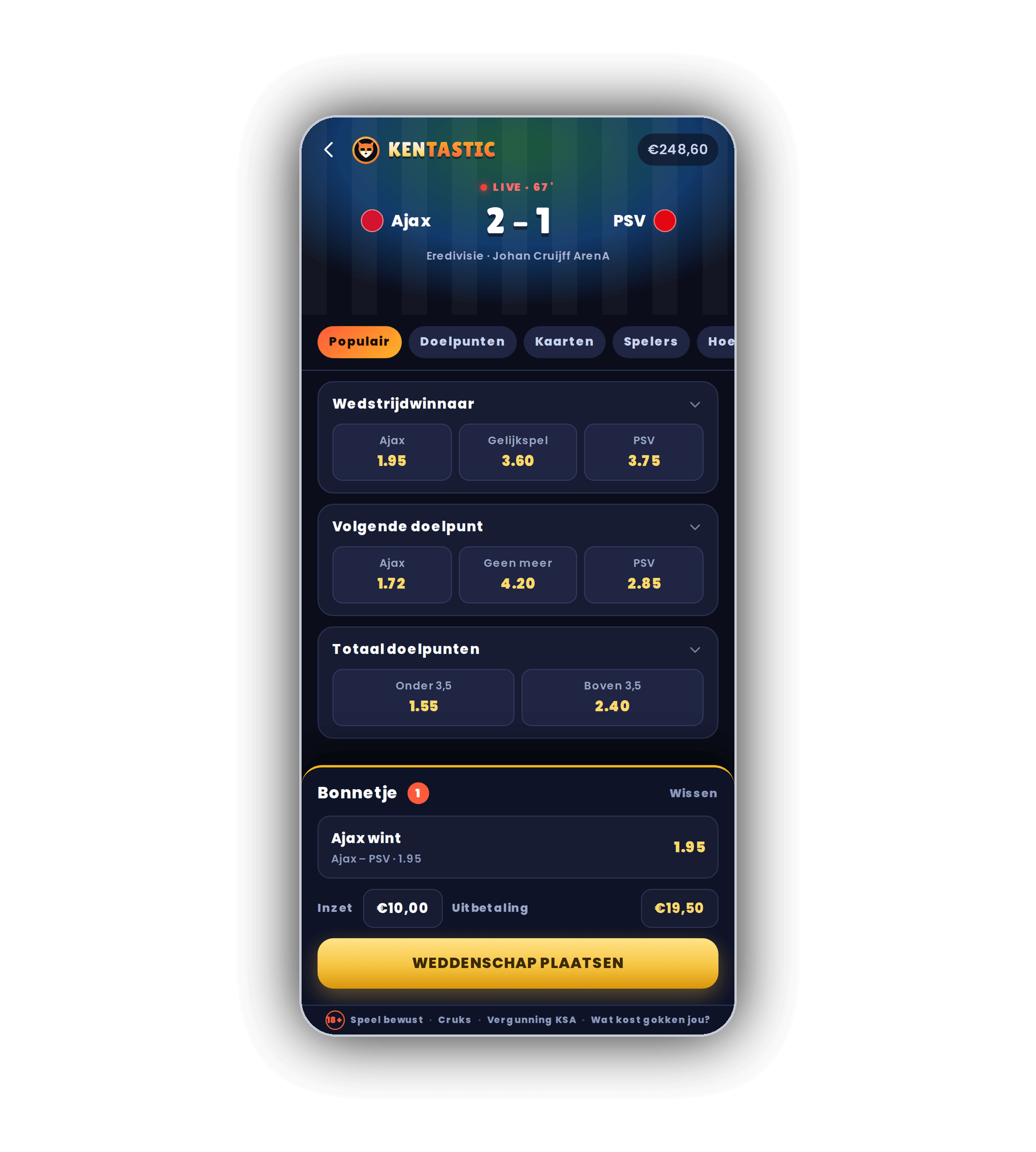 Kentastic sportscherm op een telefoon met de live stand Ajax 2 tegen PSV 1 in de 67e minuut, tabbladen Populair, Doelpunten, Kaarten en Spelers, markten Wedstrijdwinnaar, Volgende doelpunt en Totaal doelpunten en een bonnetje met 10 euro inzet en 19,50 euro uitbetaling