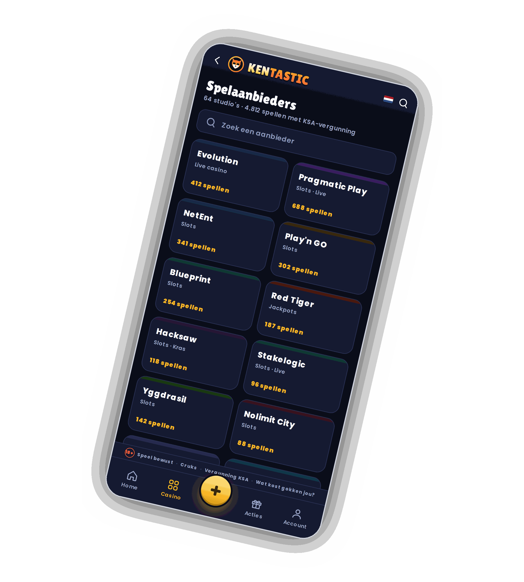 Kentastic scherm Spelaanbieders op een telefoon met 64 studio's en 4.812 spellen, een zoekveld Zoek een aanbieder en tegels voor Evolution, Pragmatic Play, NetEnt, Play'n GO, Blueprint, Red Tiger, Hacksaw, Stakelogic, Yggdrasil en Nolimit City met het aantal spellen