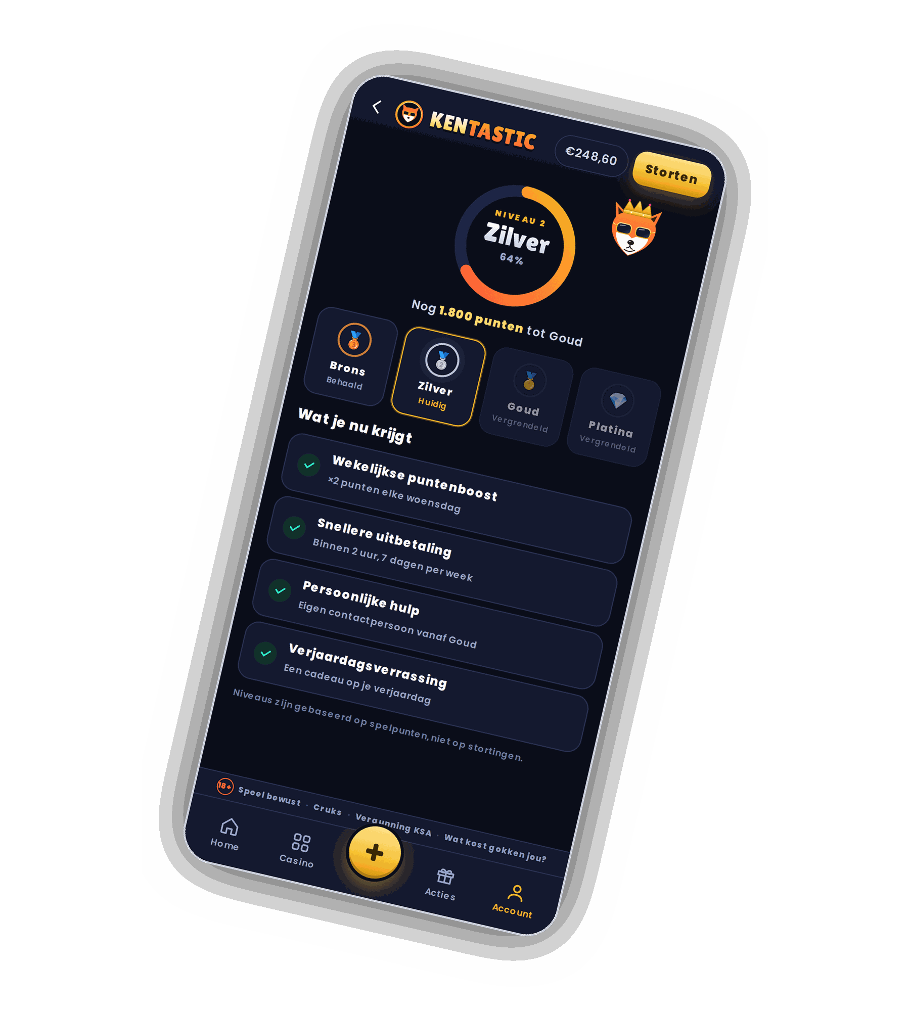 Kentastic VIP scherm op een telefoon met niveau 2 Zilver op 64%, nog 1.800 punten tot Goud, badges voor Brons, Zilver, Goud en Platina en een lijst met voordelen zoals wekelijkse puntenboost, snellere uitbetaling, persoonlijke hulp en een verjaardagsverrassing